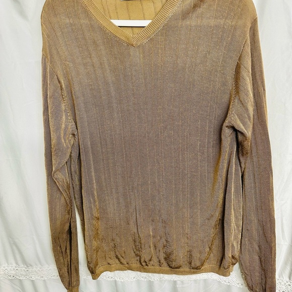 Bachrach Italy Men Y2K Gold Mustard Rayon Pullover Long Sleeve V-Neck Sweater S - Picture 2 of 7